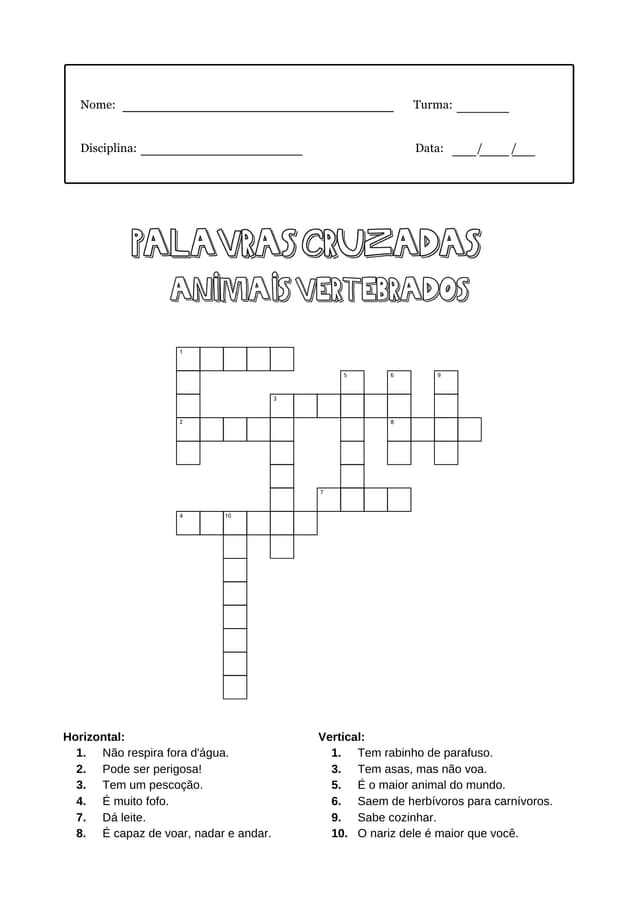 Atividade: Jogo palavras cruzadas